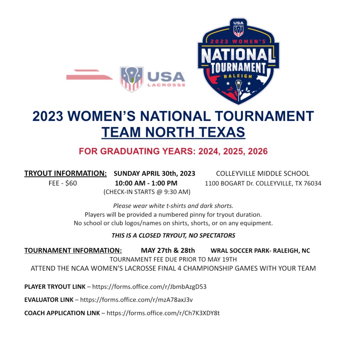 2023 Women’s National Tournament Team North Texas Tryouts USA